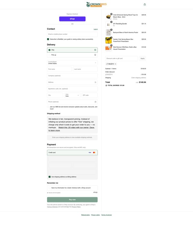 Crown Bees checkout page showing Crown Bees discount code box | Screenshot taken by SimplyCodes community member on Aug 29, 2025