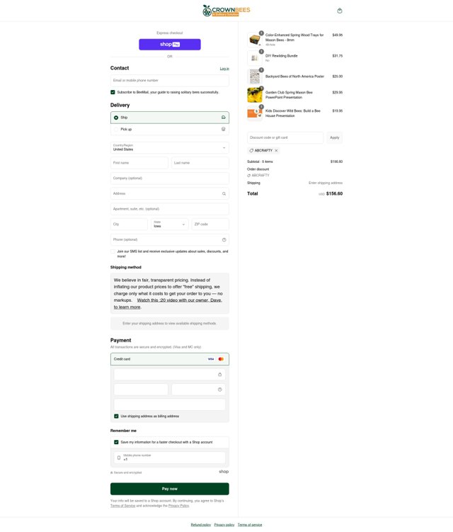 Crown Bees checkout page showing Crown Bees discount code box | Screenshot taken by SimplyCodes community member on Aug 21, 2025