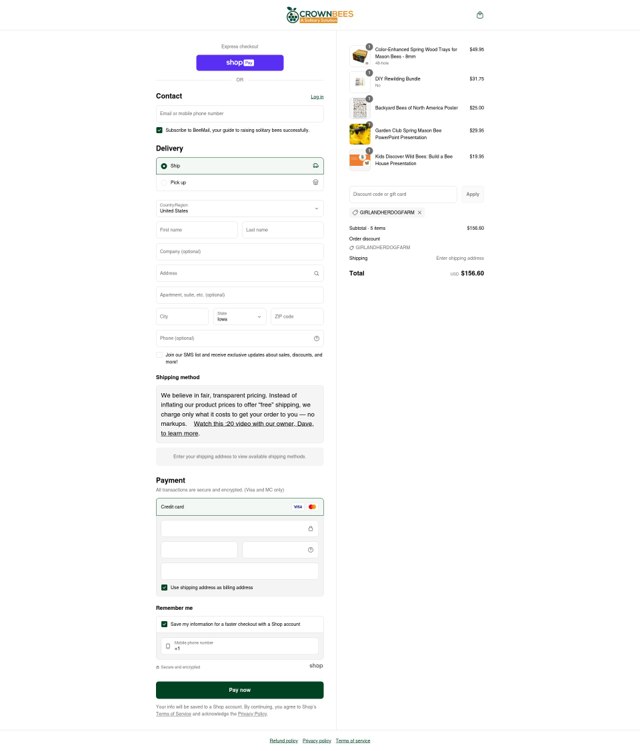 Crown Bees checkout page showing Crown Bees discount code box | Screenshot taken by SimplyCodes community member on Aug 25, 2025