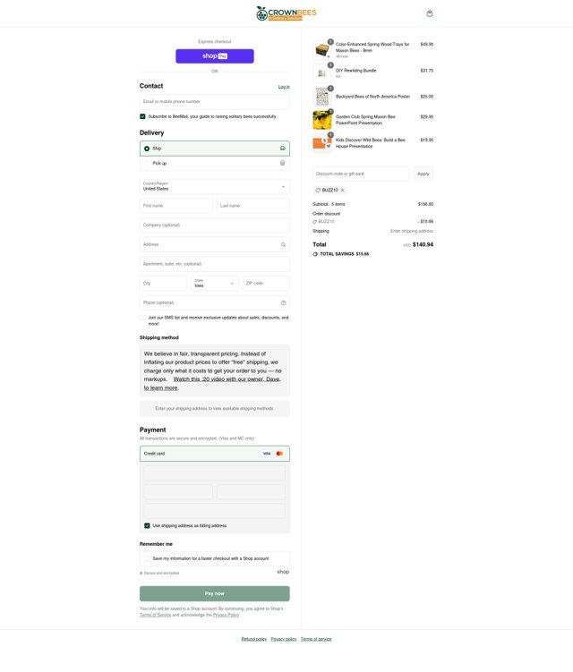 Crown Bees checkout page showing Crown Bees discount code box | Screenshot taken by SimplyCodes community member on Aug 25, 2025