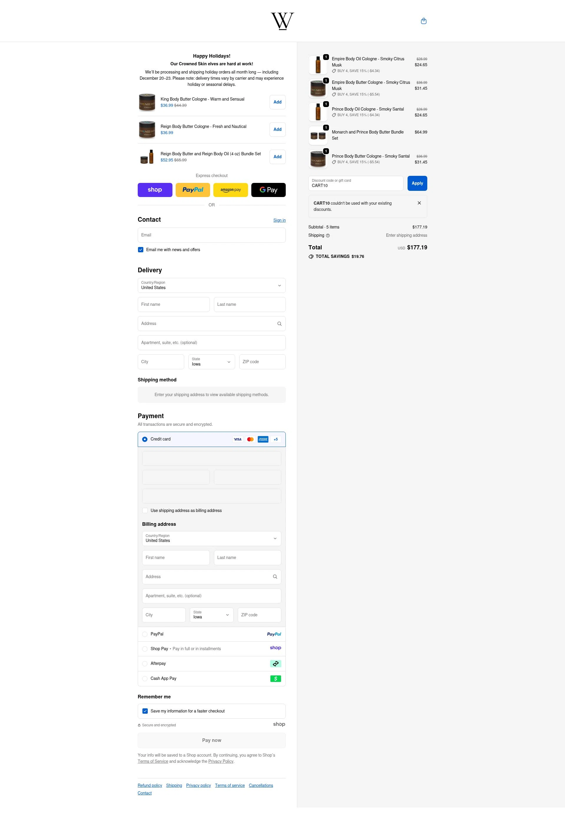 Crowned Skin checkout page showing Crowned Skin discount code box | Screenshot taken by SimplyCodes community member on Dec 11, 2025