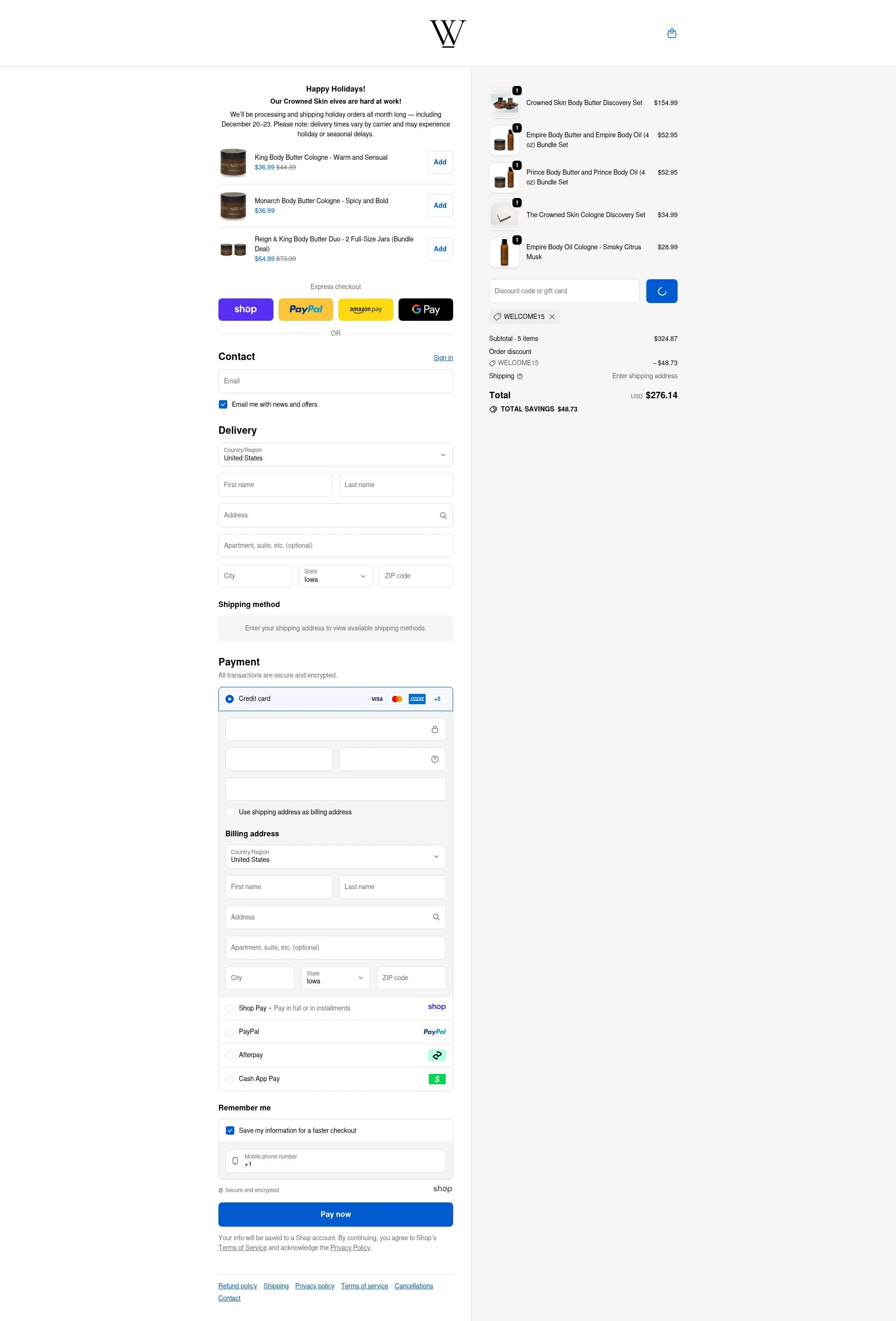 Crowned Skin checkout page showing Crowned Skin discount code box | Screenshot taken by SimplyCodes community member on Dec 29, 2025