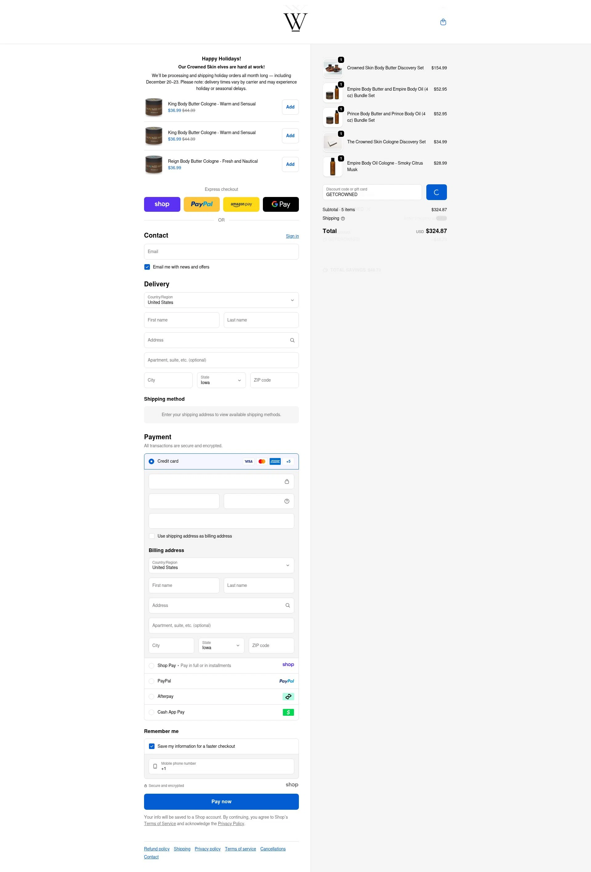 Crowned Skin checkout page showing Crowned Skin discount code box | Screenshot taken by SimplyCodes community member on Dec 18, 2025