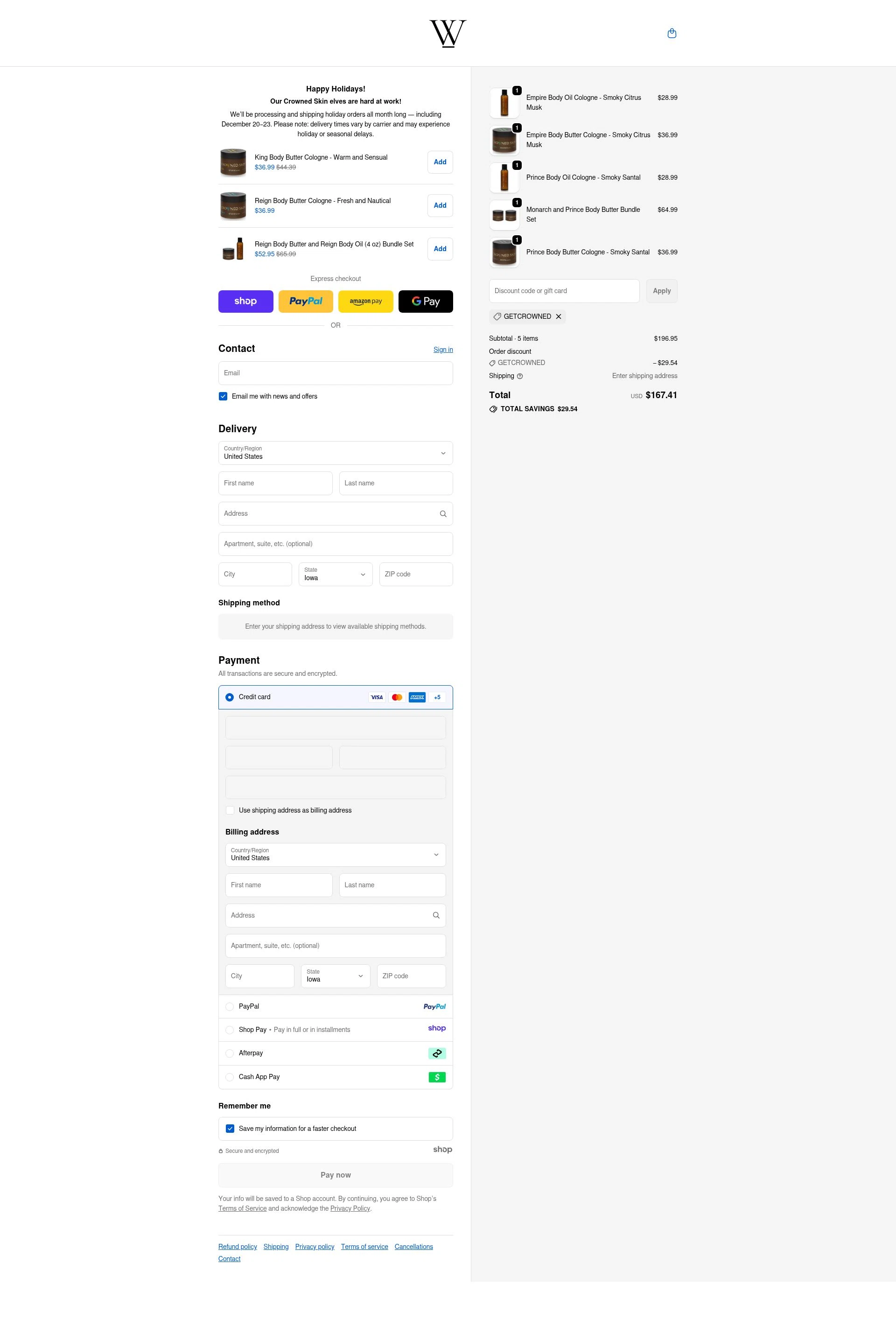 Crowned Skin checkout page showing Crowned Skin discount code box | Screenshot taken by SimplyCodes community member on Dec 11, 2025