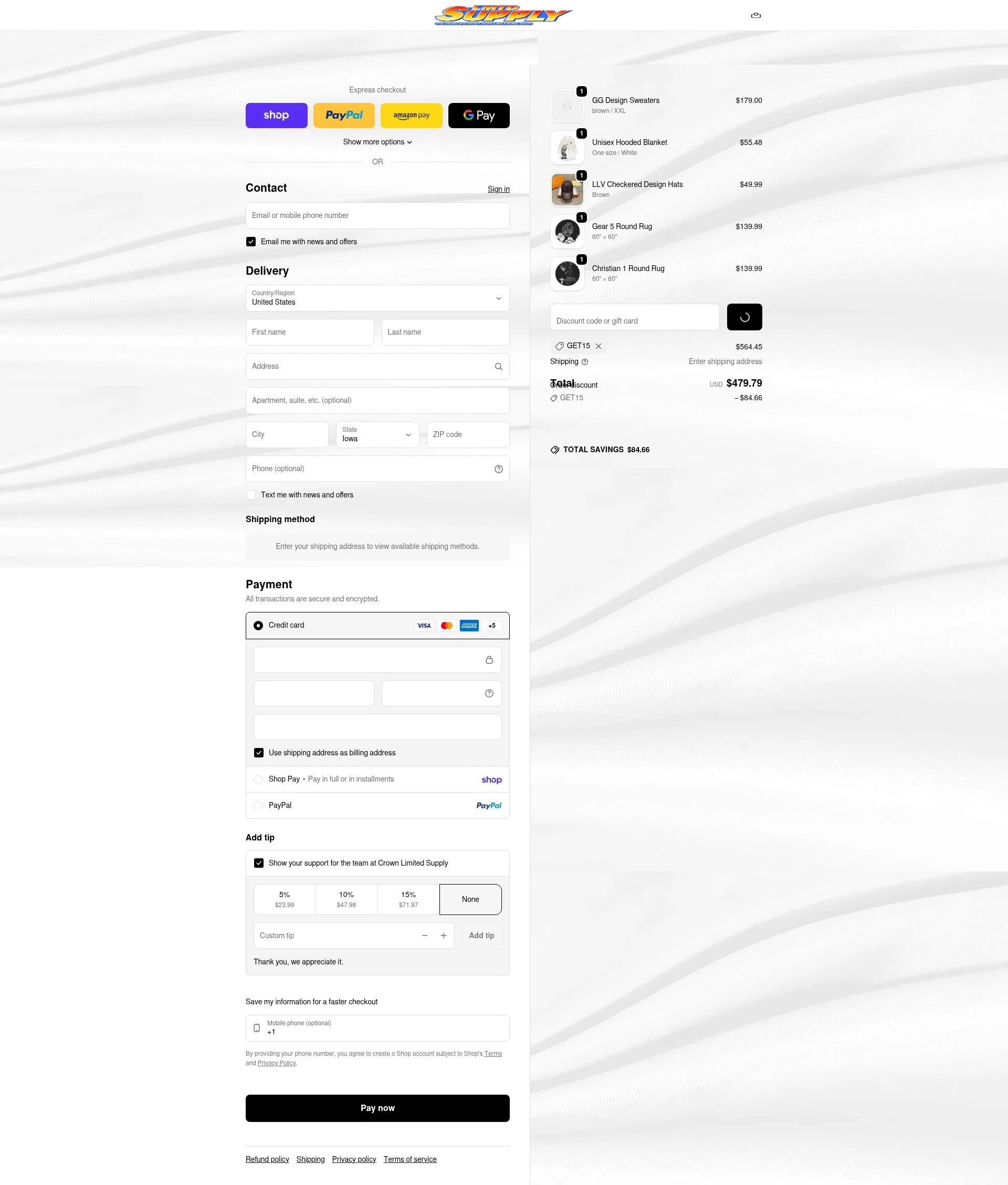 Crown Limited Supply checkout page showing Crown Limited Supply promo code box | Screenshot taken by SimplyCodes community member on Feb 10, 2026