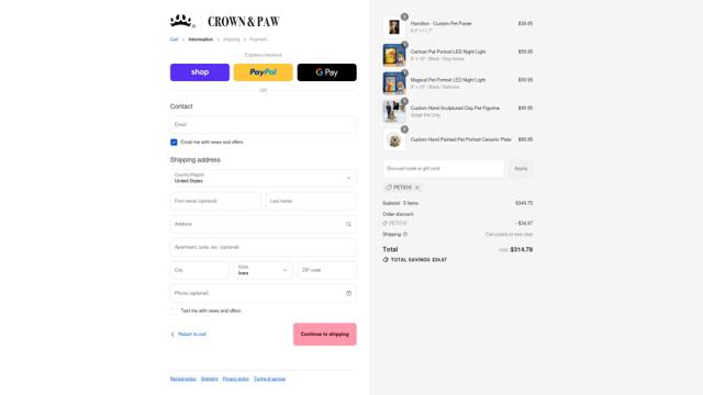 Crown & Paw checkout page showing Crown & Paw discount code box | Screenshot taken by SimplyCodes community member on Sep 12, 2025