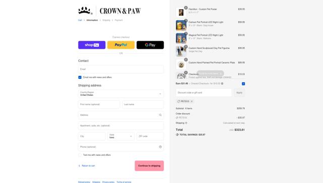 Crown & Paw checkout page showing Crown & Paw discount code box | Screenshot taken by SimplyCodes community member on Aug 17, 2025