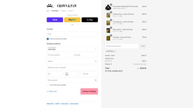 Crown & Paw checkout page showing Crown & Paw discount code box | Screenshot taken by SimplyCodes community member on Sep 16, 2025