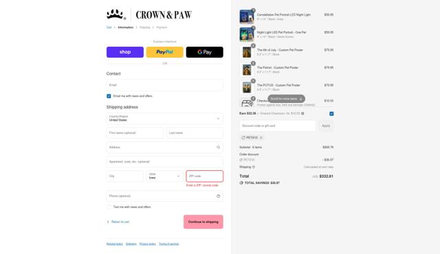 Crown & Paw checkout page showing Crown & Paw discount code box | Screenshot taken by SimplyCodes community member on Aug 12, 2025