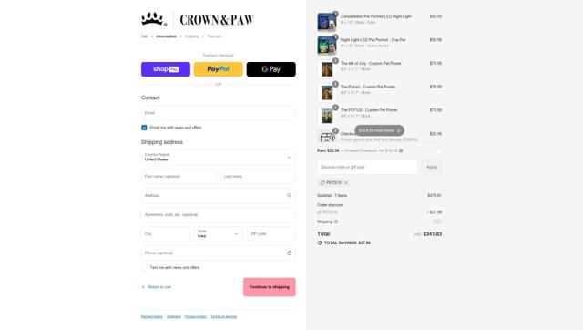 Crown & Paw checkout page showing Crown & Paw discount code box | Screenshot taken by SimplyCodes community member on Aug 5, 2025