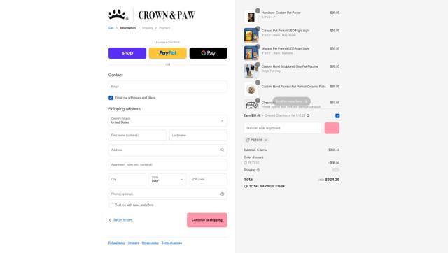 Crown & Paw checkout page showing Crown & Paw discount code box | Screenshot taken by SimplyCodes community member on Aug 30, 2025