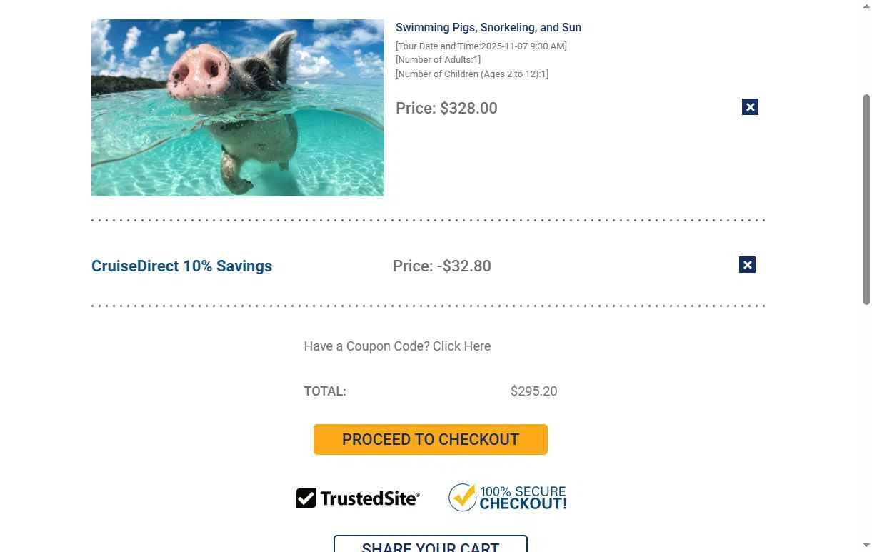 CruiseDirect checkout page showing CruiseDirect promo code box | Screenshot taken by SimplyCodes community member on Oct 27, 2025