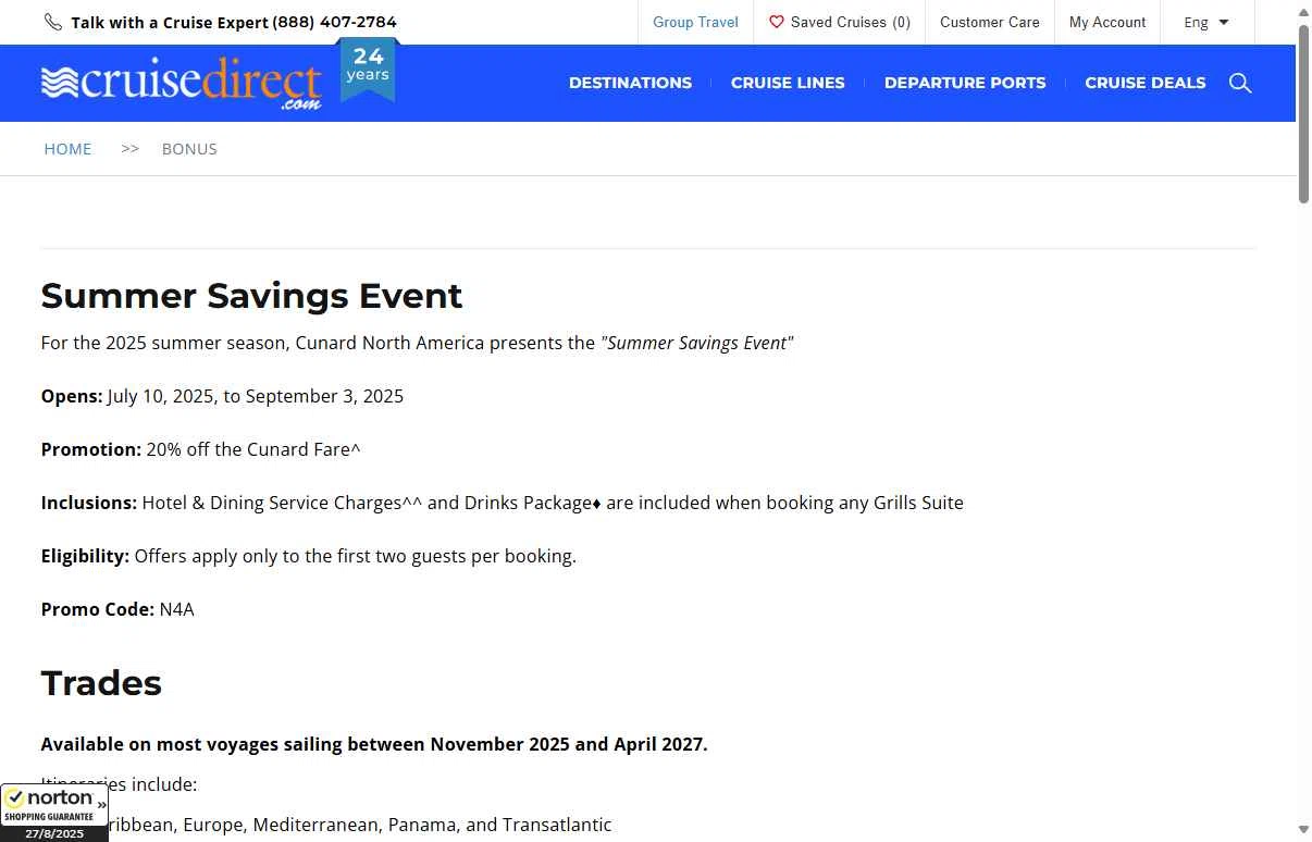 CruiseDirect checkout page showing CruiseDirect promo code box | Screenshot taken by SimplyCodes community member on Aug 27, 2025