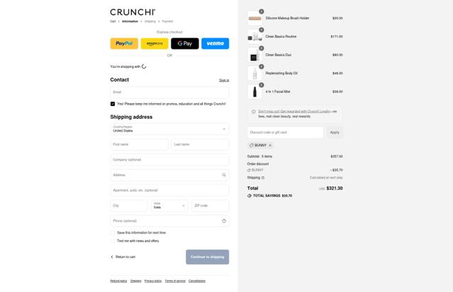 Crunchi checkout page showing Crunchi discount code box | Screenshot taken by SimplyCodes community member on Sep 12, 2025