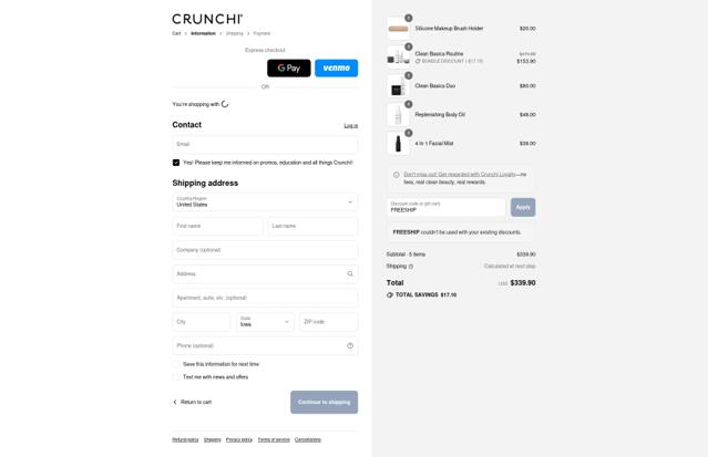 Crunchi checkout page showing Crunchi discount code box | Screenshot taken by SimplyCodes community member on Sep 8, 2025