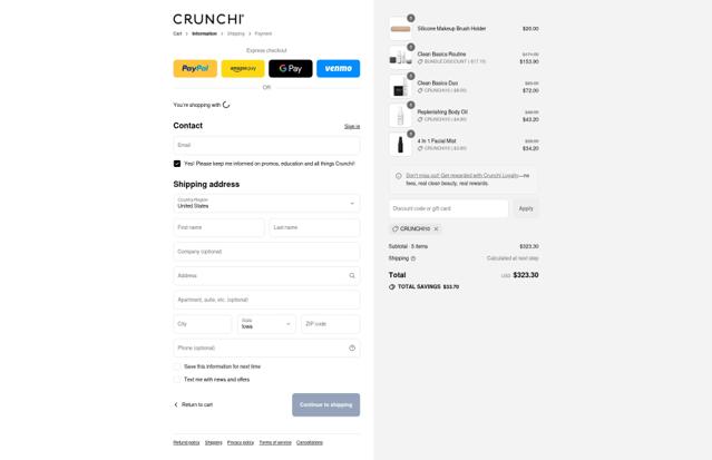 Crunchi checkout page showing Crunchi discount code box | Screenshot taken by SimplyCodes community member on Sep 12, 2025