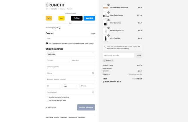 Crunchi checkout page showing Crunchi discount code box | Screenshot taken by SimplyCodes community member on Sep 8, 2025