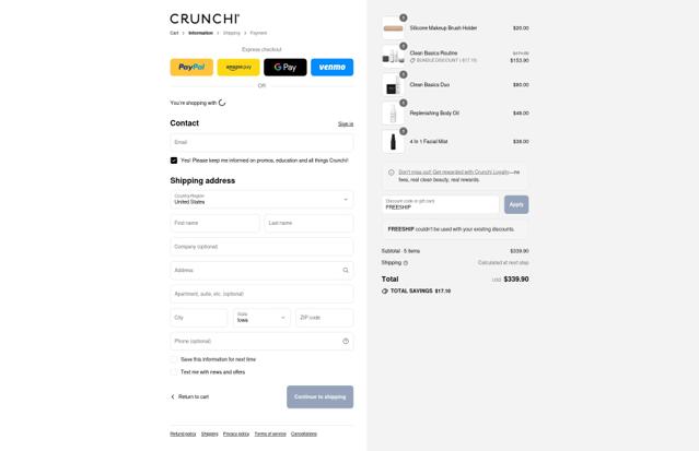 Crunchi checkout page showing Crunchi discount code box | Screenshot taken by SimplyCodes community member on Sep 12, 2025
