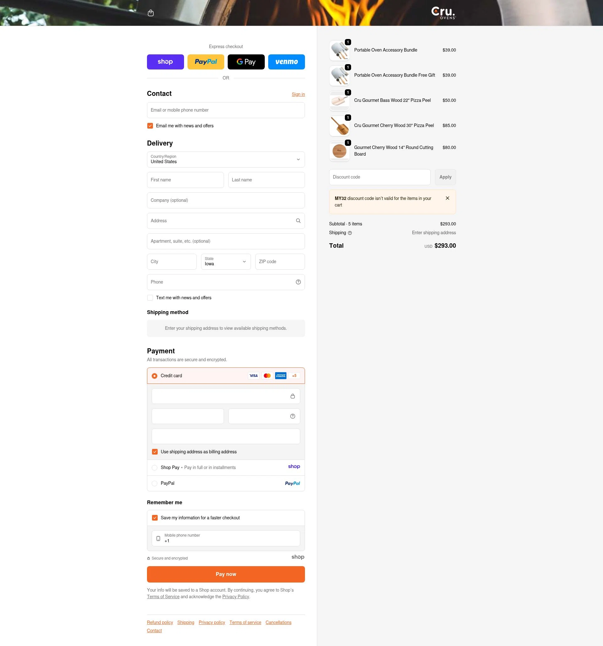 Cru Ovens checkout page showing Cru Ovens promo code box | Screenshot taken by SimplyCodes community member on Jan 3, 2026