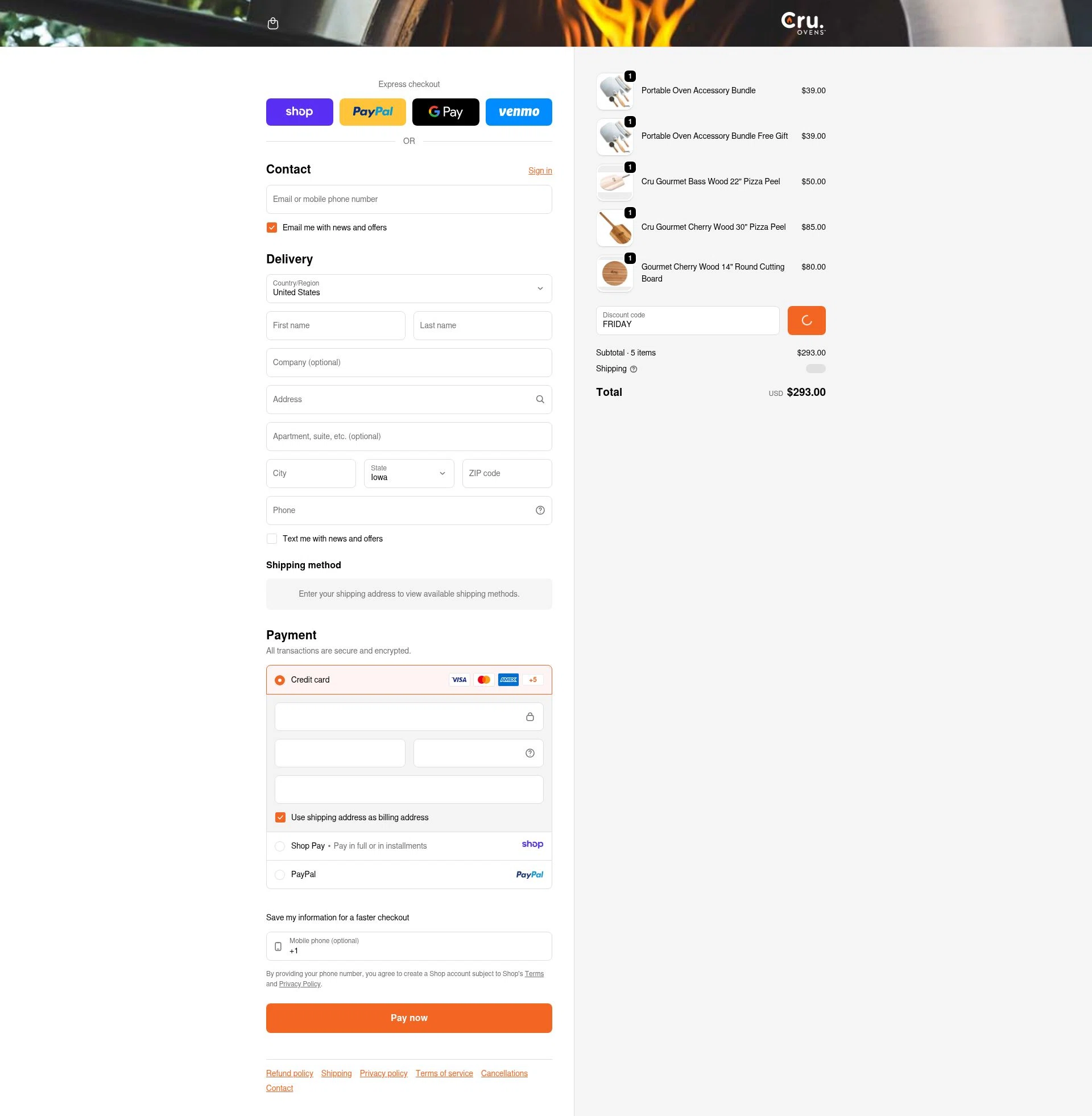 Cru Ovens checkout page showing Cru Ovens promo code box | Screenshot taken by SimplyCodes community member on Jan 8, 2026