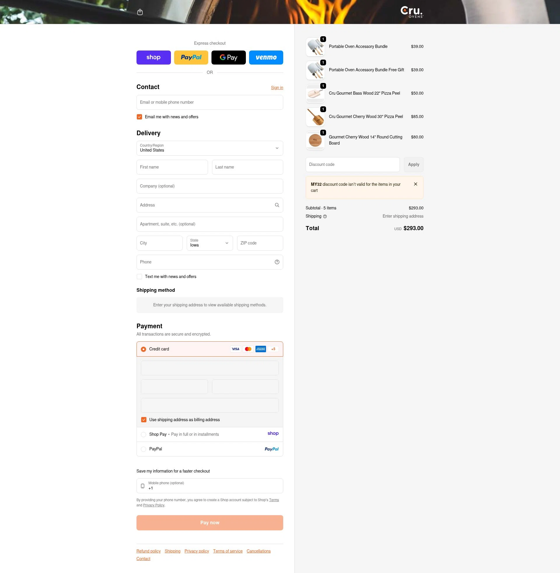 Cru Ovens checkout page showing Cru Ovens promo code box | Screenshot taken by SimplyCodes community member on Jan 8, 2026