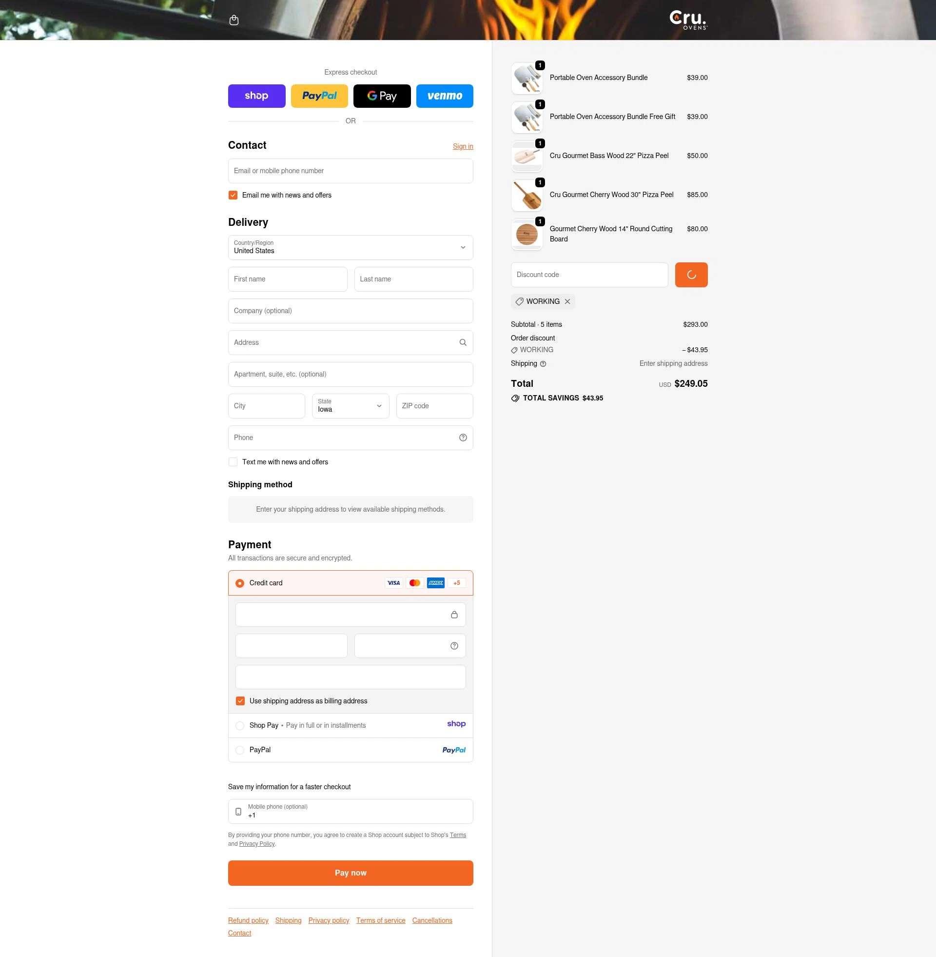 Cru Ovens checkout page showing Cru Ovens promo code box | Screenshot taken by SimplyCodes community member on Jan 8, 2026