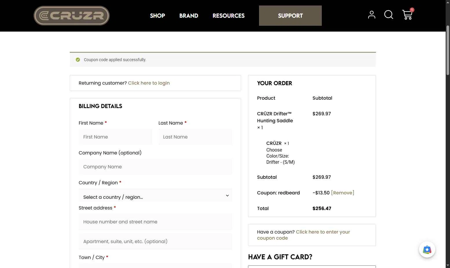 CRUZR SADDLES checkout page showing CRUZR SADDLES promo code box | Screenshot taken by SimplyCodes community member on Feb 11, 2026
