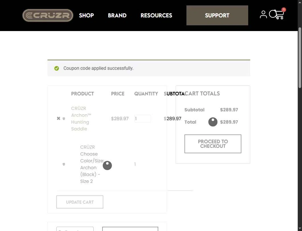 CRUZR SADDLES checkout page showing CRUZR SADDLES promo code box | Screenshot taken by SimplyCodes community member on Dec 15, 2025