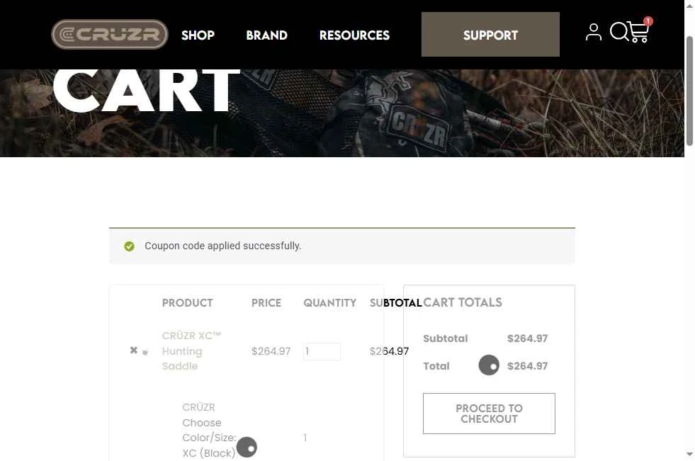 CRUZR SADDLES checkout page showing CRUZR SADDLES promo code box | Screenshot taken by SimplyCodes community member on Jan 11, 2026