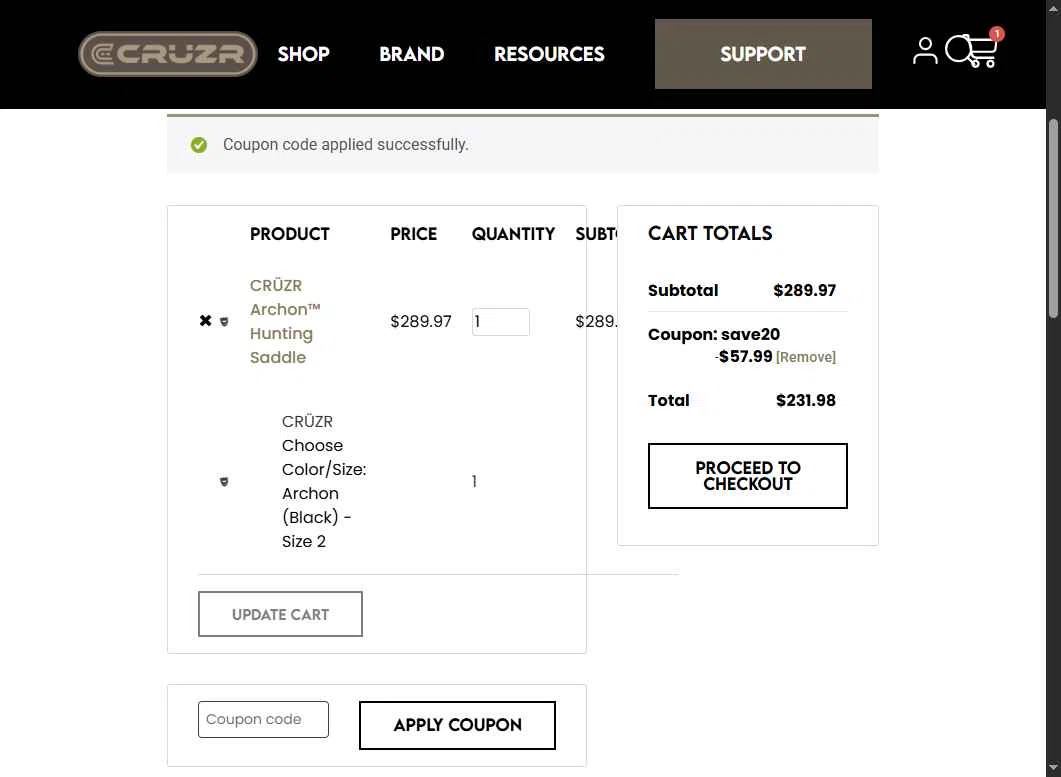 CRUZR SADDLES checkout page showing CRUZR SADDLES promo code box | Screenshot taken by SimplyCodes community member on Feb 18, 2026