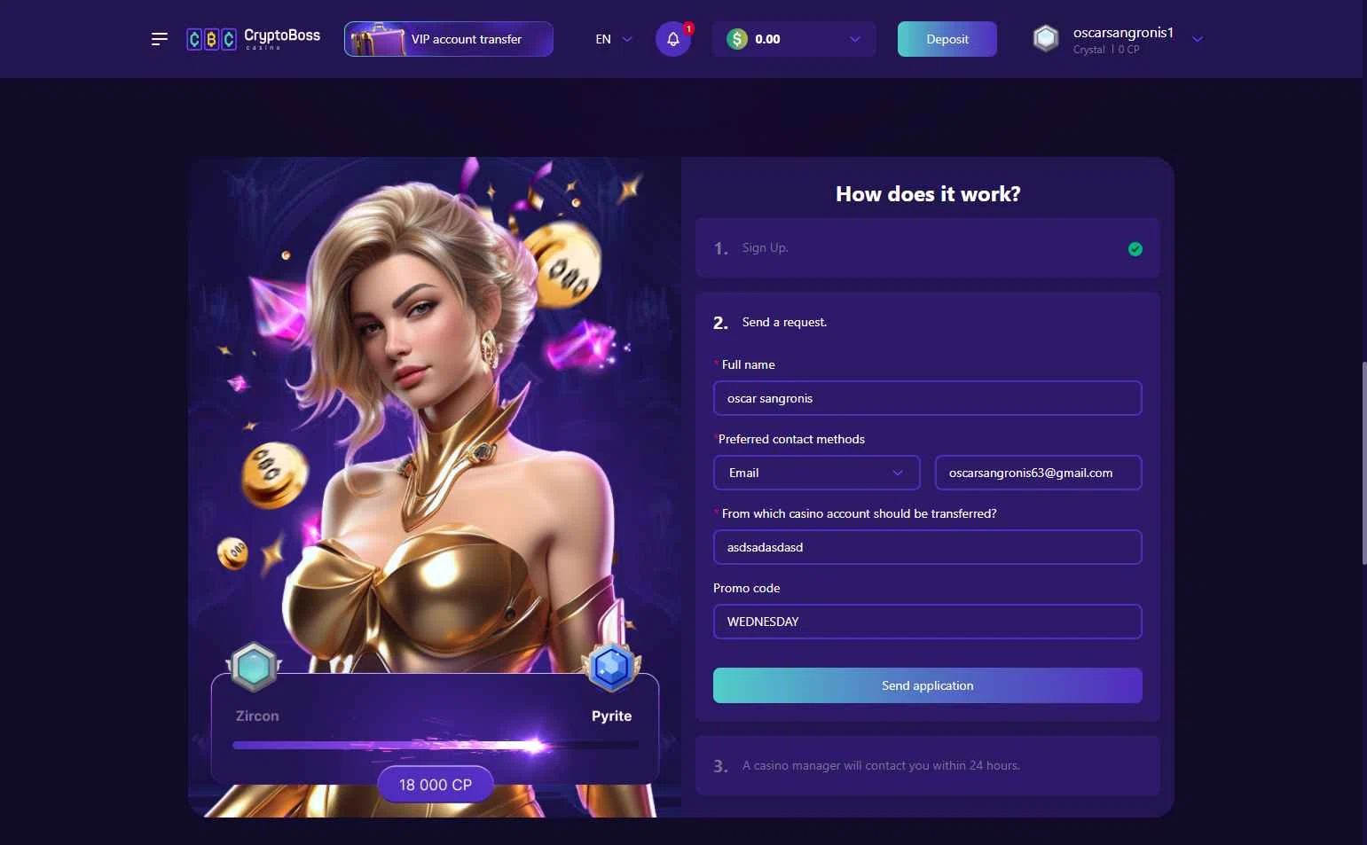 Cryptoboss Casino checkout page showing Cryptoboss Casino promo code box | Screenshot taken by SimplyCodes community member on May 8, 2025