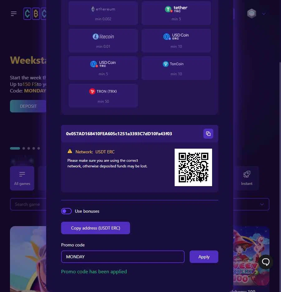 Cryptoboss Casino checkout page showing Cryptoboss Casino promo code box | Screenshot taken by SimplyCodes community member on May 5, 2025