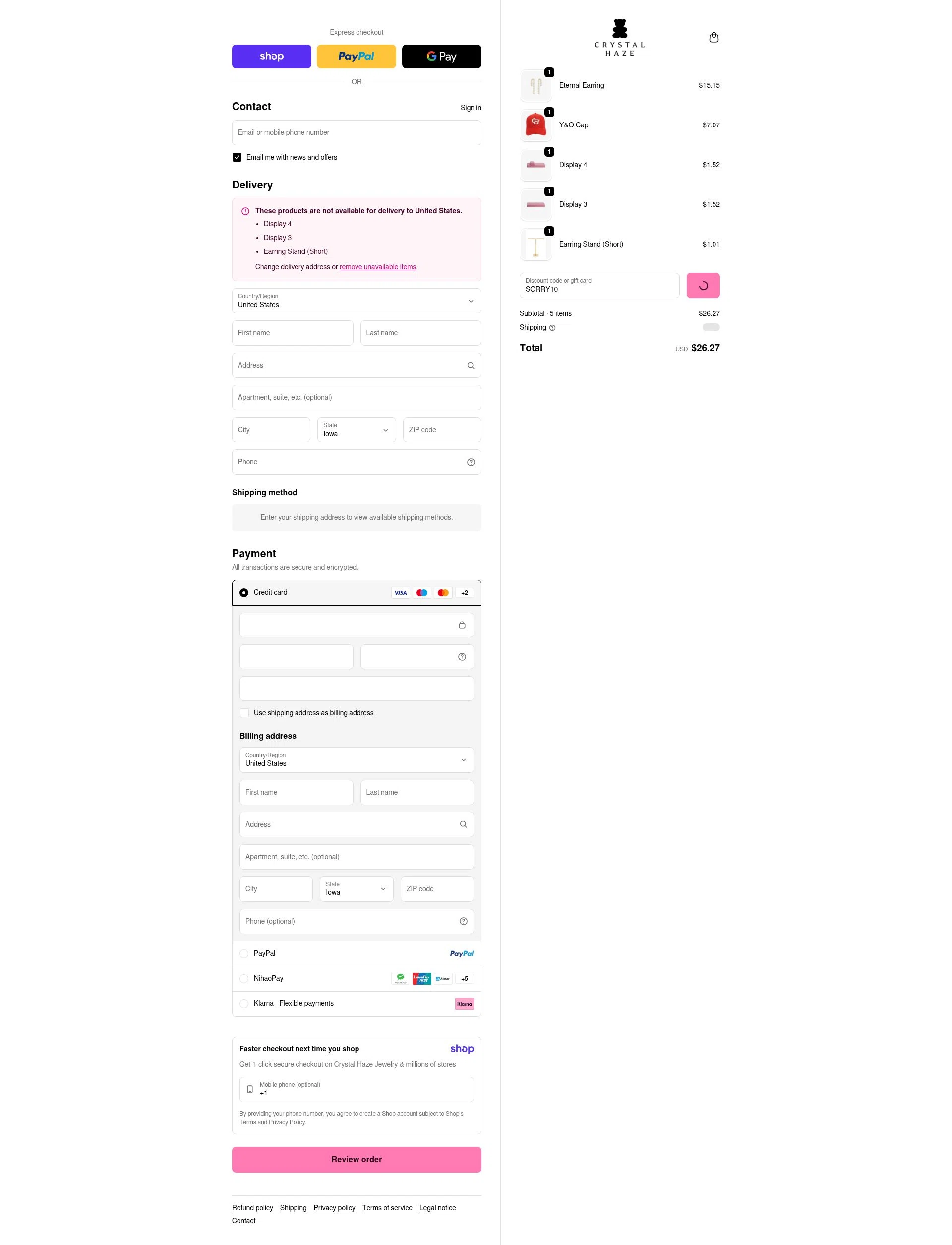 Crystal Haze Jewelry checkout page showing Crystal Haze Jewelry discount code box | Screenshot taken by SimplyCodes community member on Jan 16, 2026