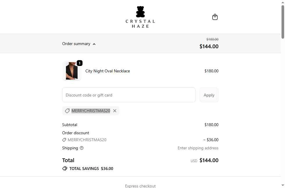 Crystal Haze Jewelry checkout page showing Crystal Haze Jewelry discount code box | Screenshot taken by SimplyCodes community member on Dec 7, 2025
