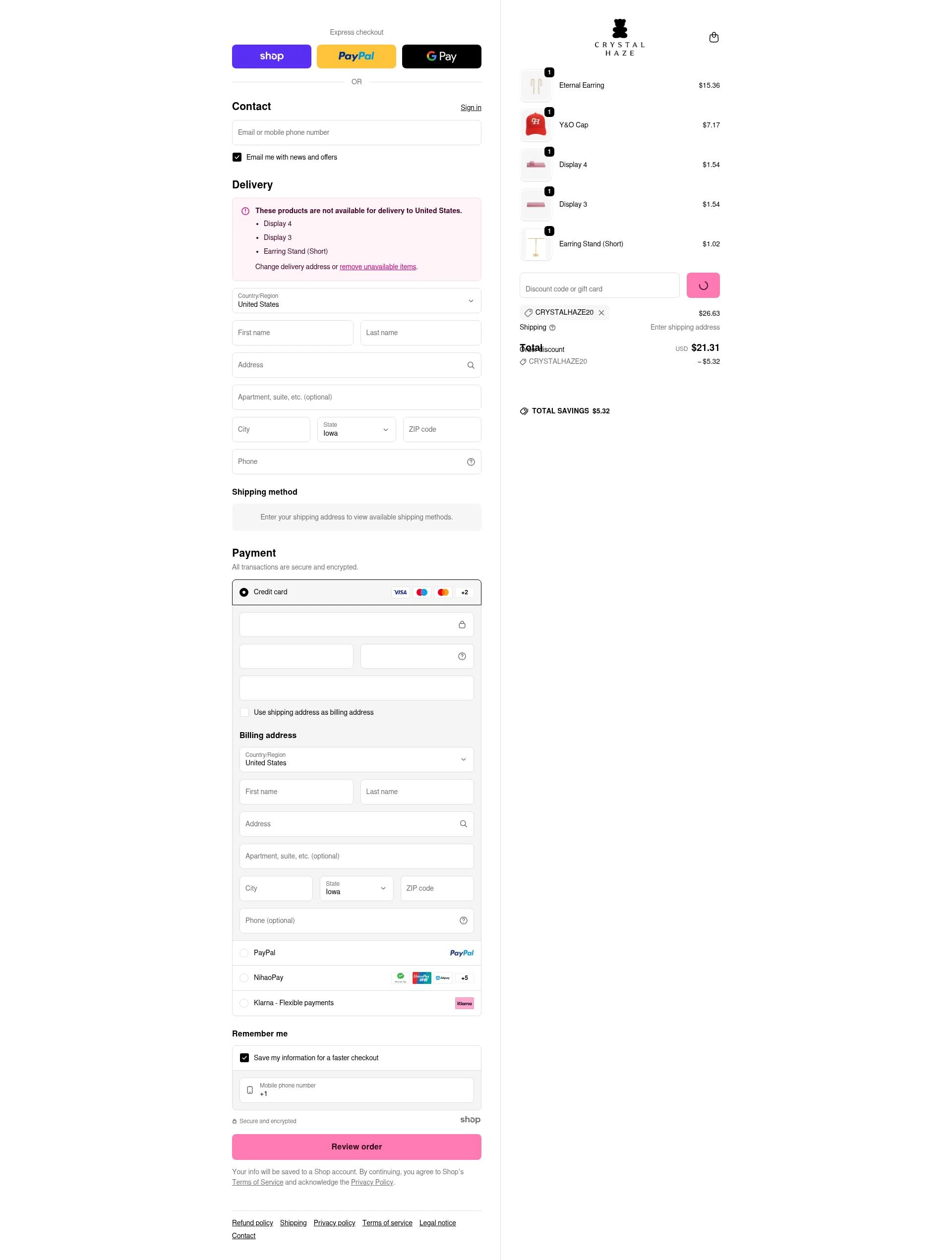 Crystal Haze Jewelry checkout page showing Crystal Haze Jewelry discount code box | Screenshot taken by SimplyCodes community member on Jan 21, 2026