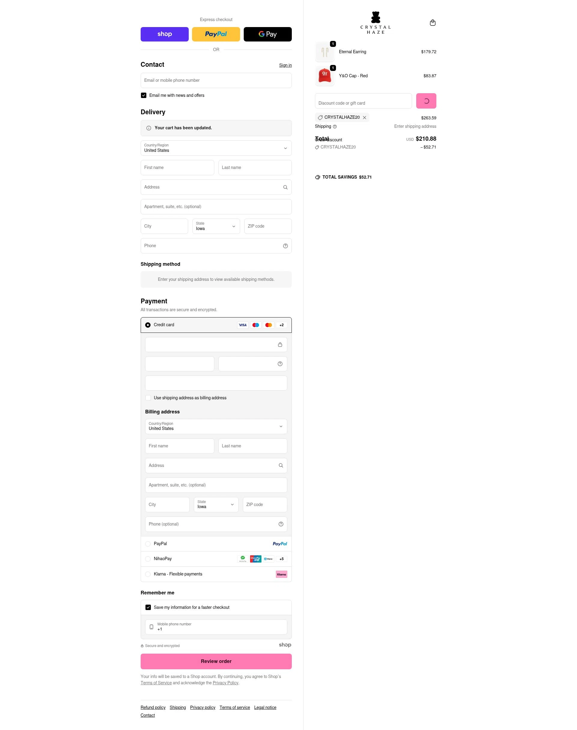 Crystal Haze Jewelry checkout page showing Crystal Haze Jewelry discount code box | Screenshot taken by SimplyCodes community member on Jan 1, 2026