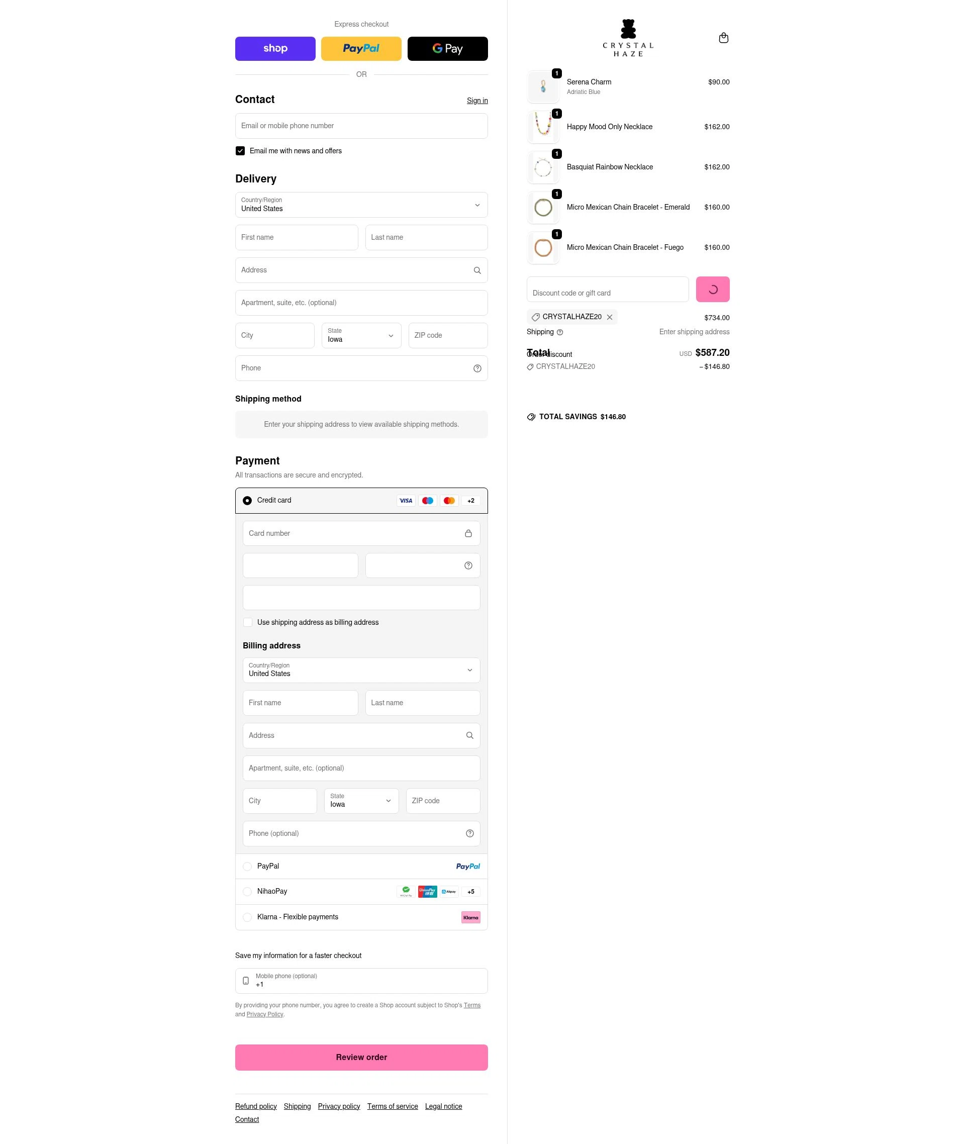 Crystal Haze Jewelry checkout page showing Crystal Haze Jewelry discount code box | Screenshot taken by SimplyCodes community member on Feb 16, 2026