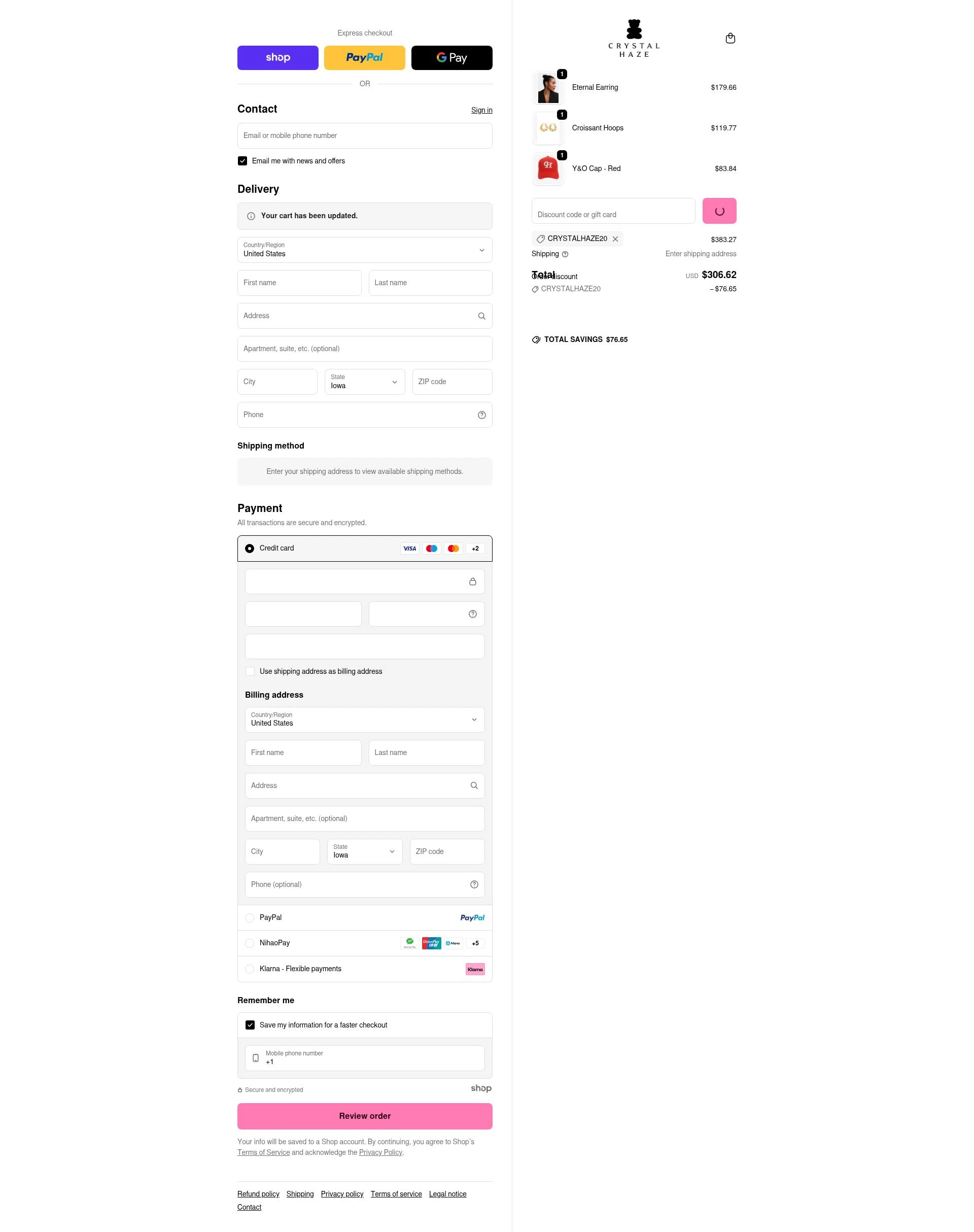 Crystal Haze Jewelry checkout page showing Crystal Haze Jewelry discount code box | Screenshot taken by SimplyCodes community member on Dec 22, 2025