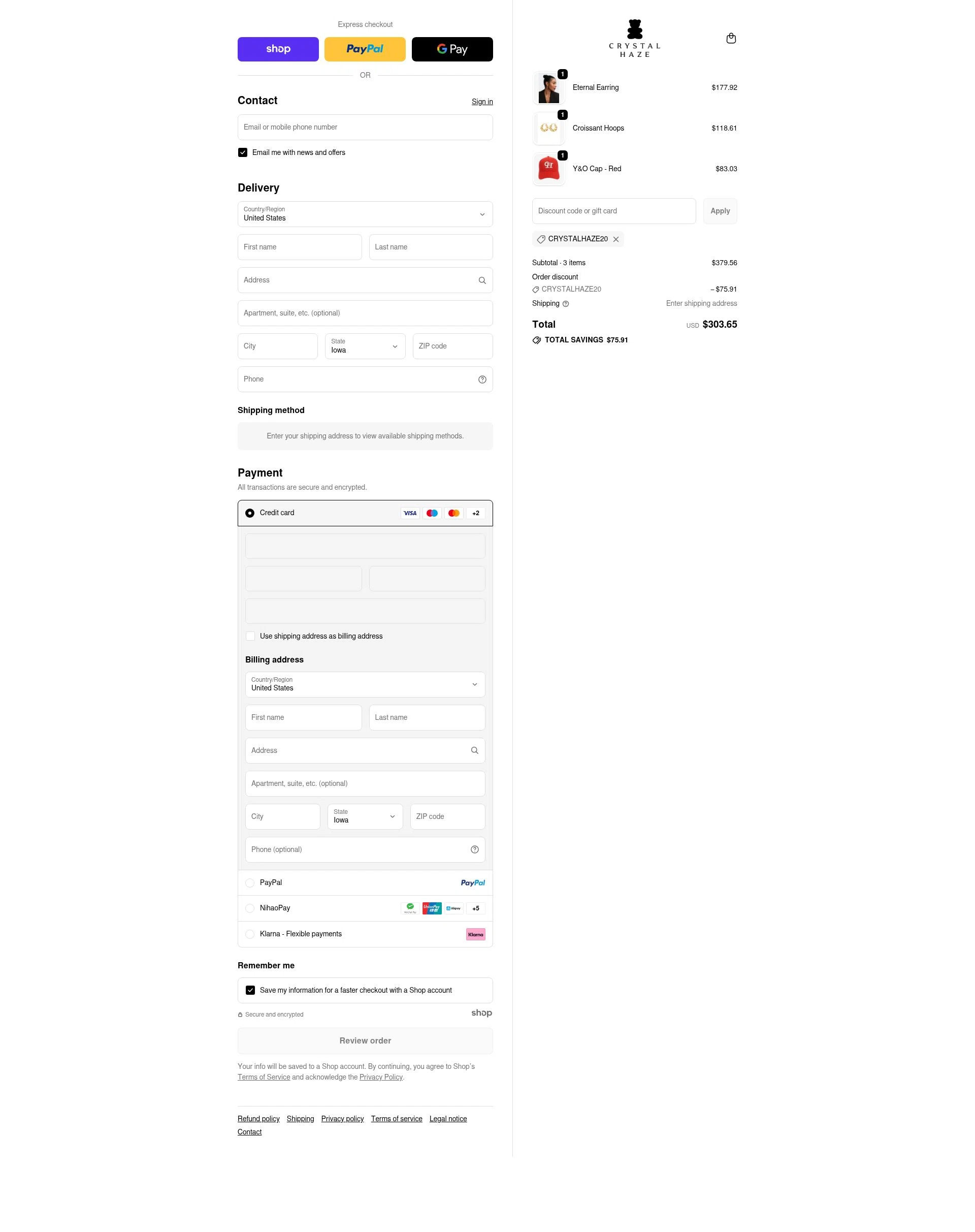 Crystal Haze Jewelry checkout page showing Crystal Haze Jewelry discount code box | Screenshot taken by SimplyCodes community member on Dec 9, 2025