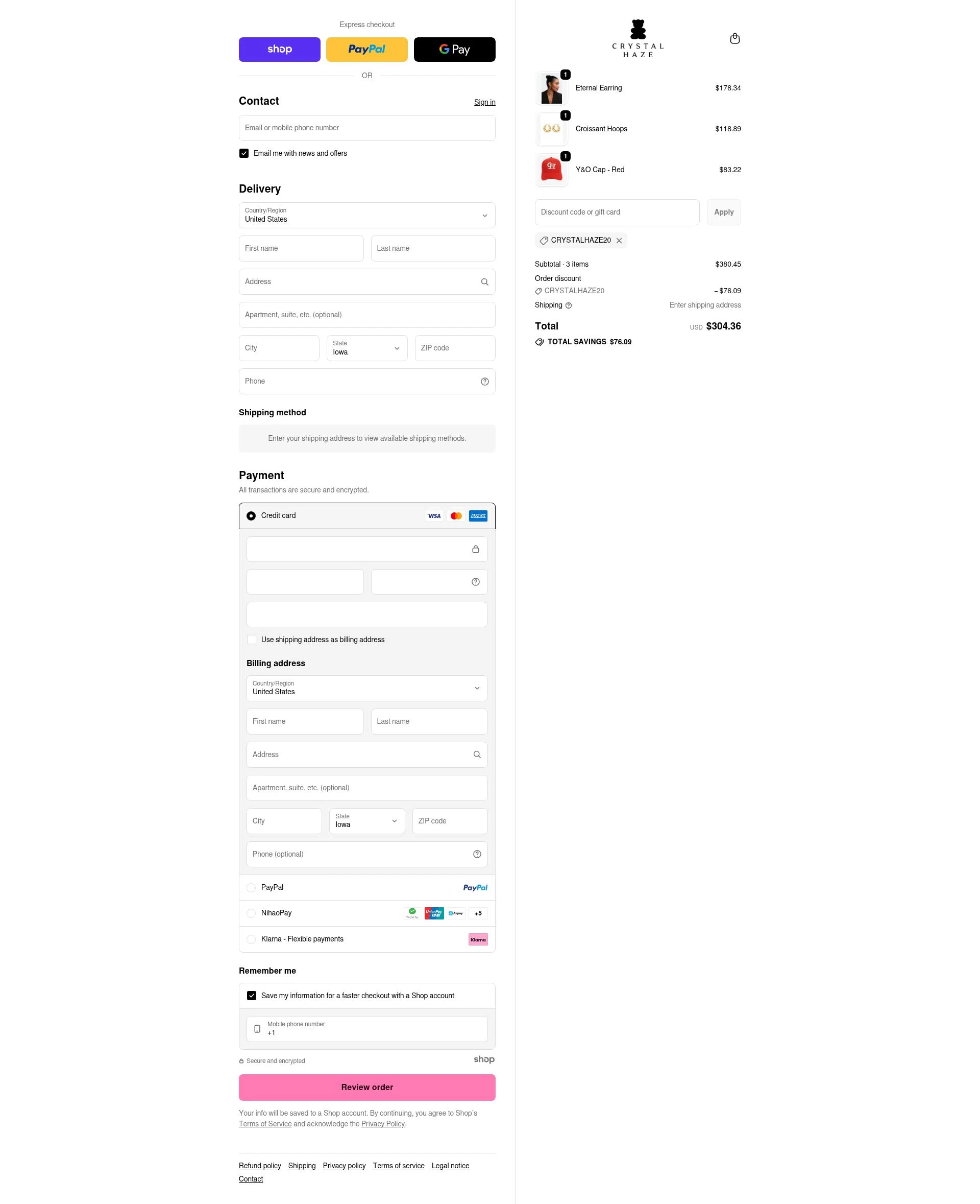Crystal Haze Jewelry checkout page showing Crystal Haze Jewelry discount code box | Screenshot taken by SimplyCodes community member on Dec 4, 2025