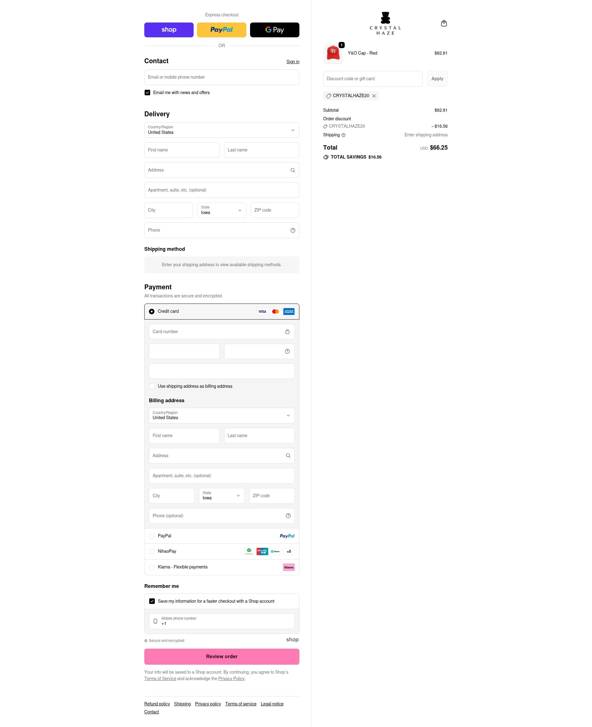 Crystal Haze Jewelry checkout page showing Crystal Haze Jewelry discount code box | Screenshot taken by SimplyCodes community member on Nov 18, 2025