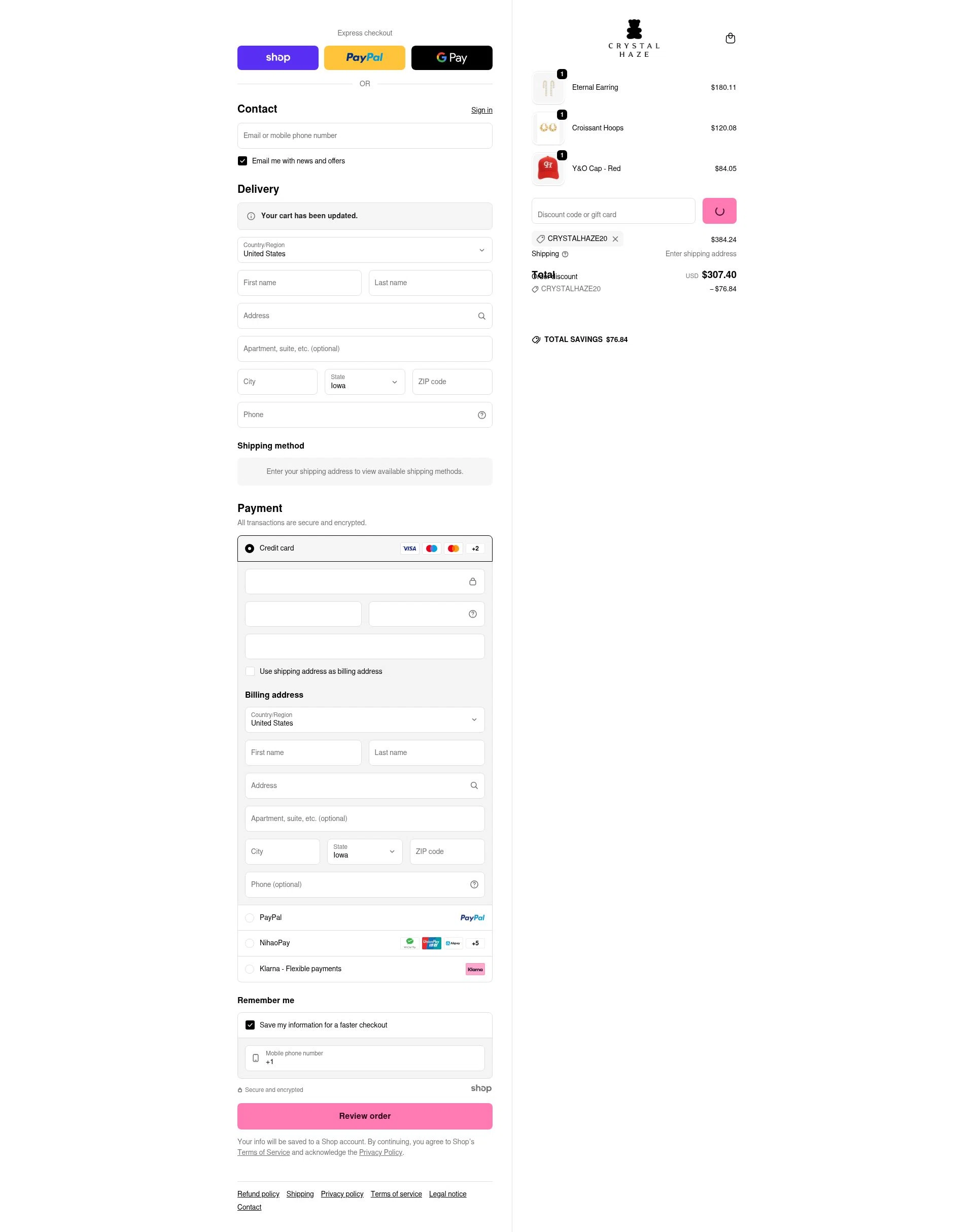 Crystal Haze Jewelry checkout page showing Crystal Haze Jewelry discount code box | Screenshot taken by SimplyCodes community member on Dec 27, 2025