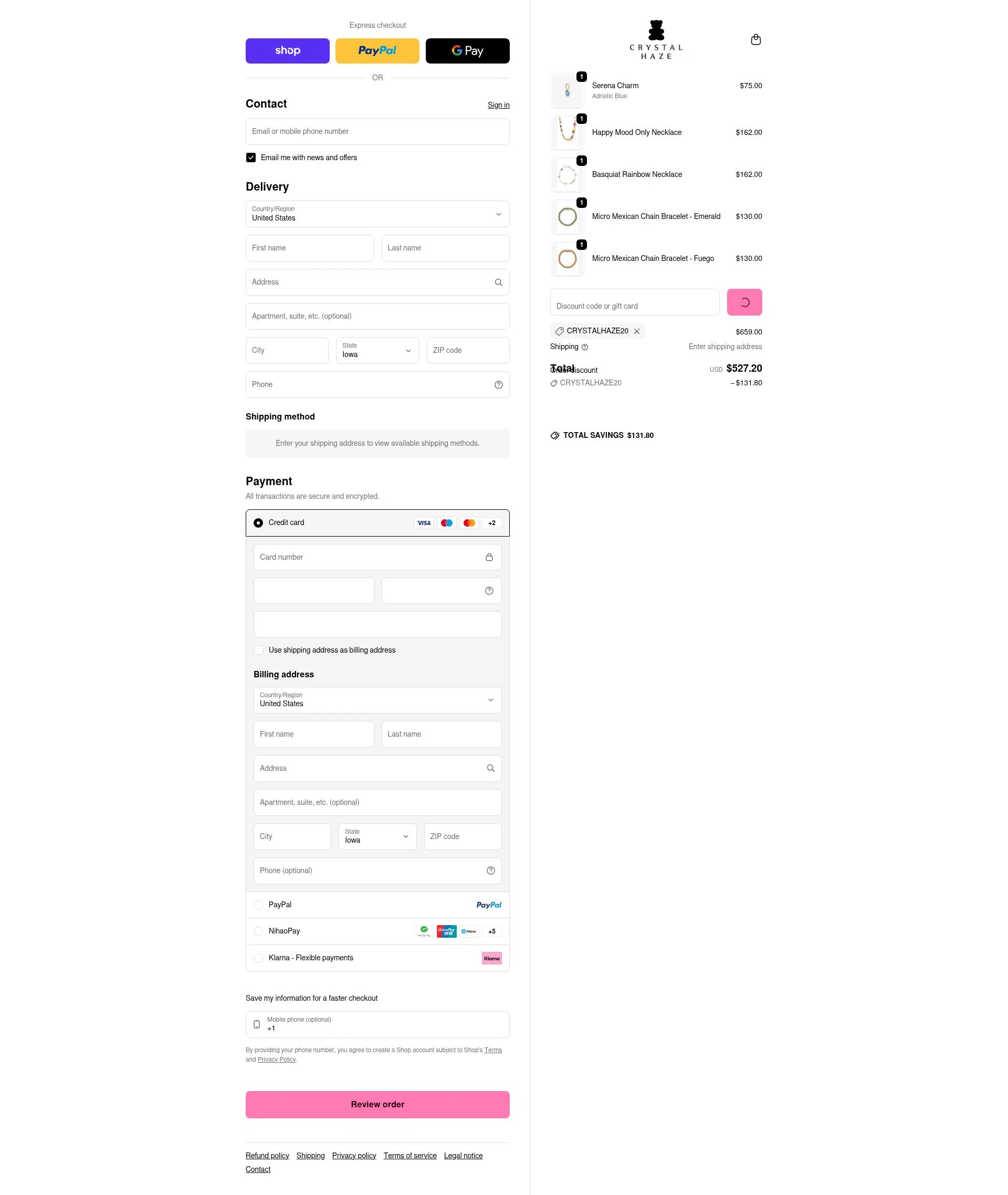 Crystal Haze Jewelry checkout page showing Crystal Haze Jewelry discount code box | Screenshot taken by SimplyCodes community member on Feb 4, 2026