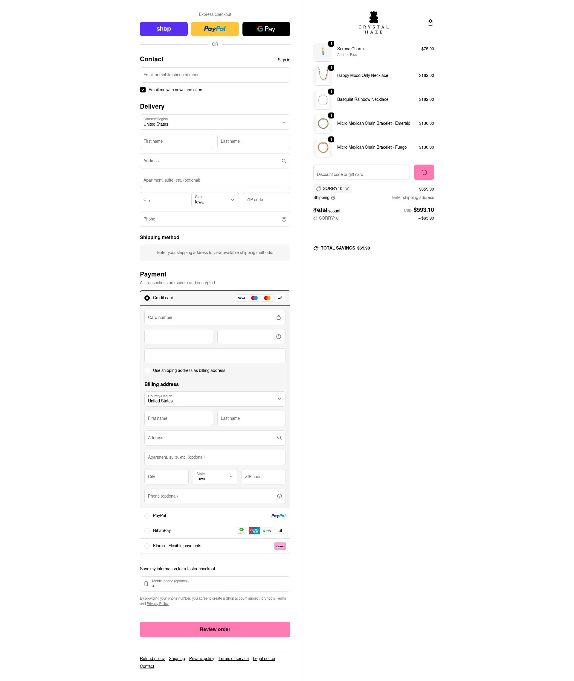 Crystal Haze Jewelry checkout page showing Crystal Haze Jewelry discount code box | Screenshot taken by SimplyCodes community member on Feb 8, 2026