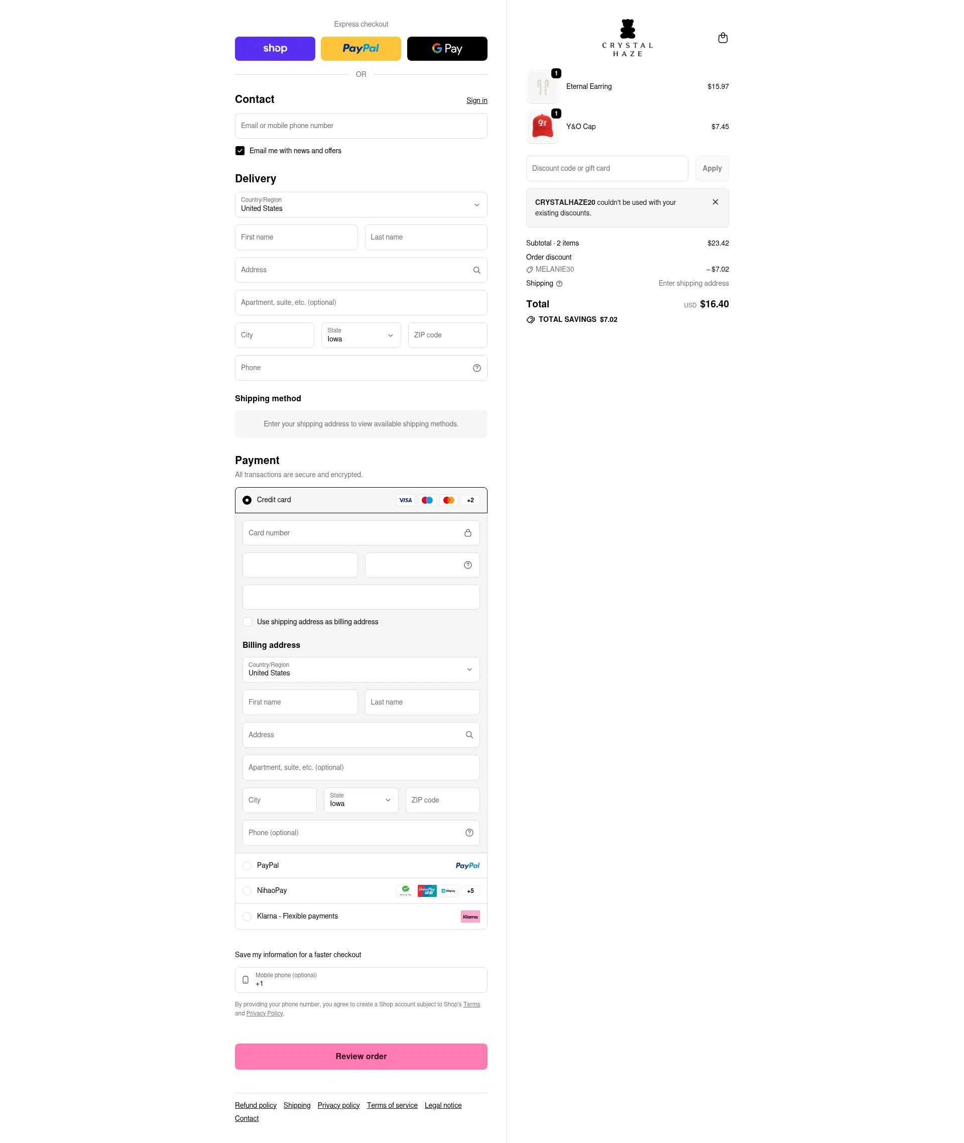 Crystal Haze Jewelry checkout page showing Crystal Haze Jewelry discount code box | Screenshot taken by SimplyCodes community member on Jan 30, 2026