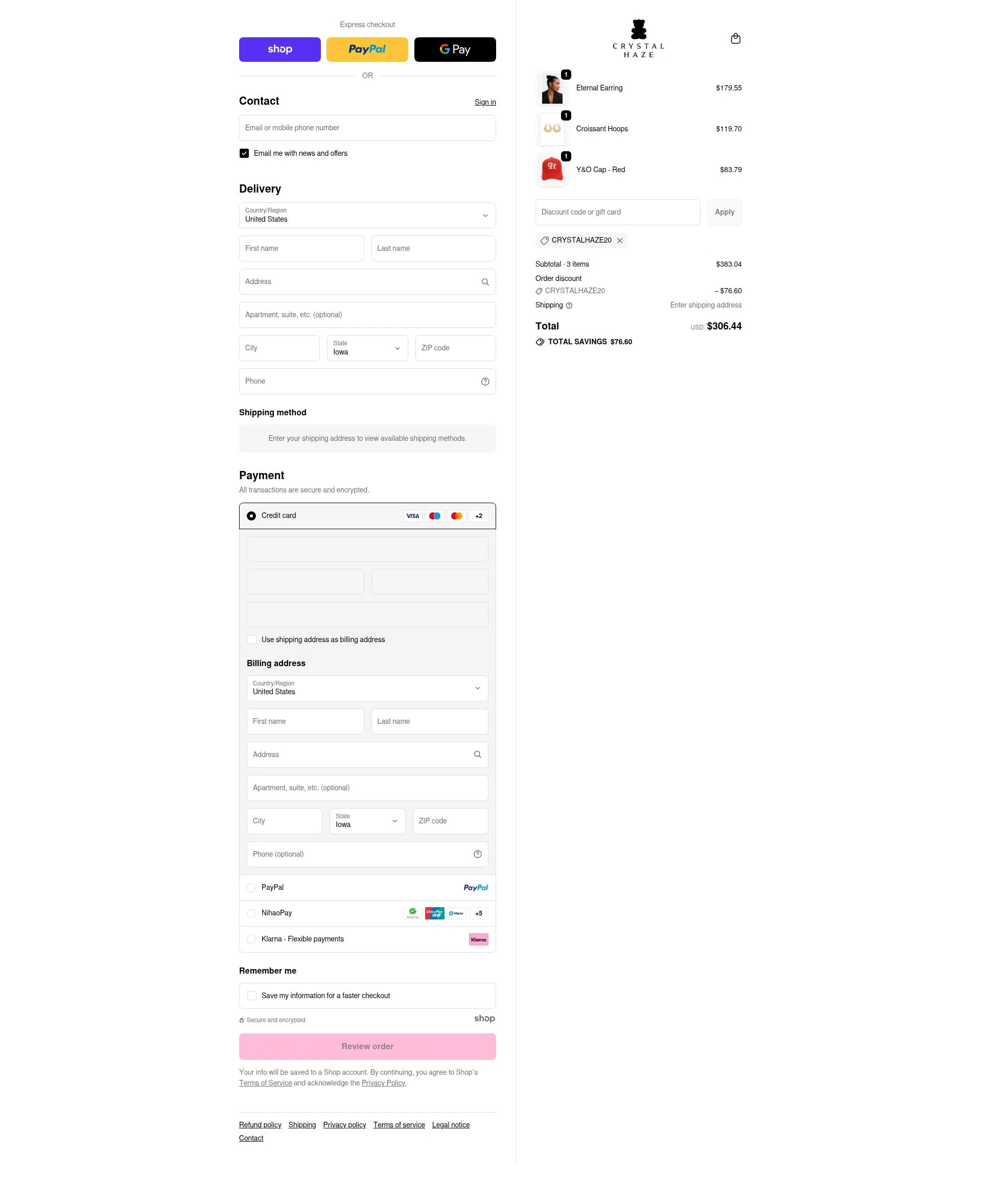 Crystal Haze Jewelry checkout page showing Crystal Haze Jewelry discount code box | Screenshot taken by SimplyCodes community member on Dec 15, 2025