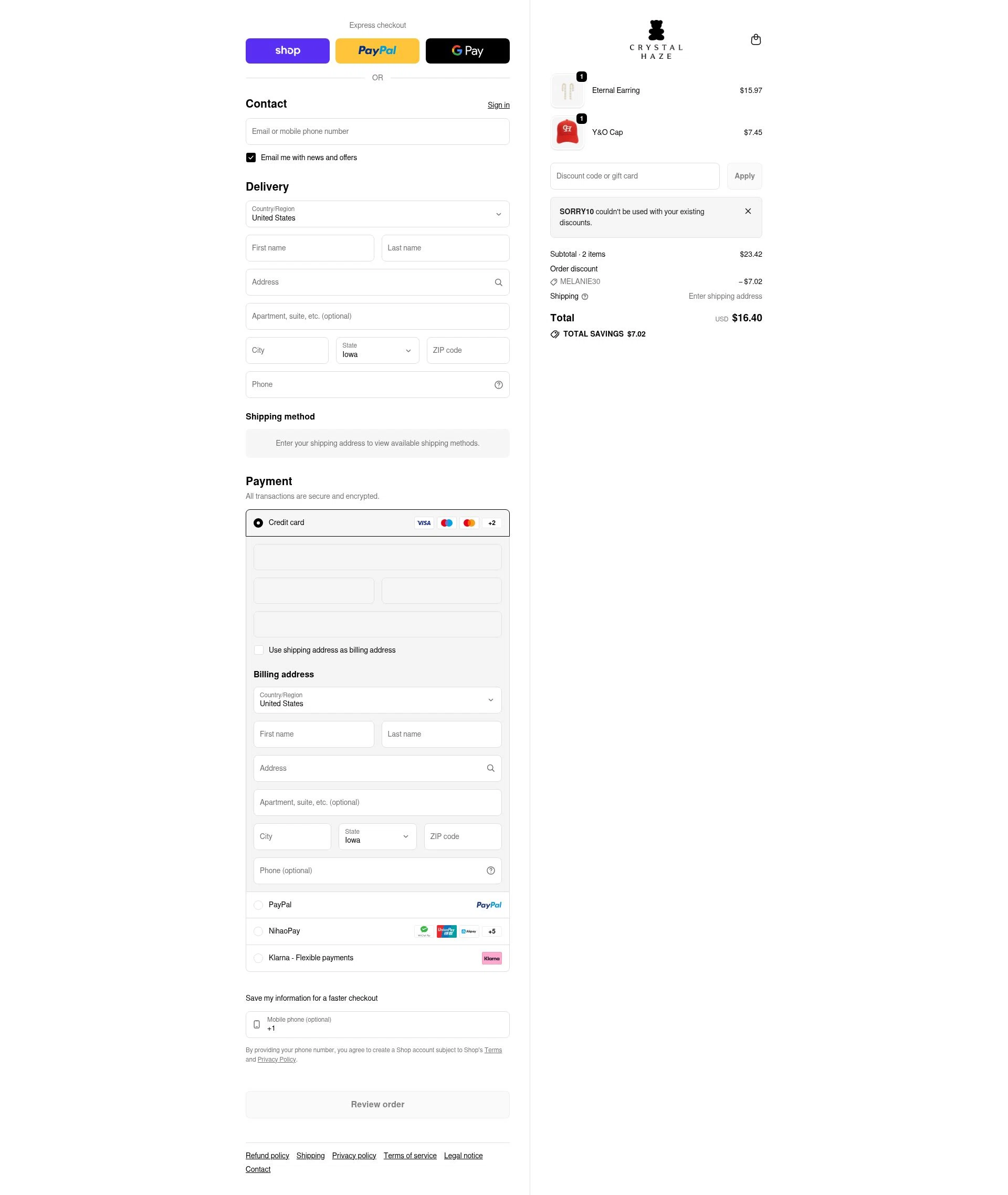 Crystal Haze Jewelry checkout page showing Crystal Haze Jewelry discount code box | Screenshot taken by SimplyCodes community member on Jan 30, 2026
