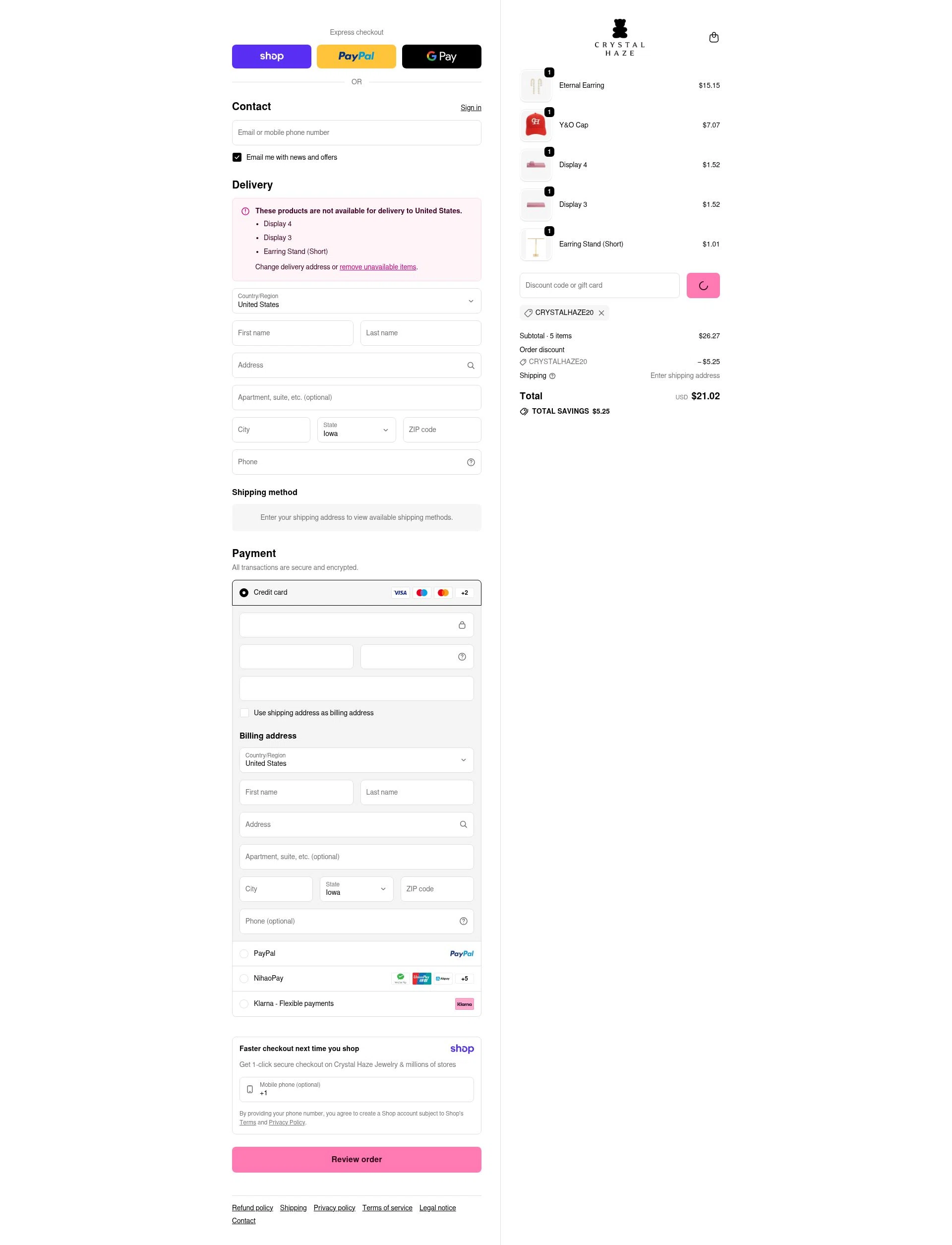 Crystal Haze Jewelry checkout page showing Crystal Haze Jewelry discount code box | Screenshot taken by SimplyCodes community member on Jan 16, 2026