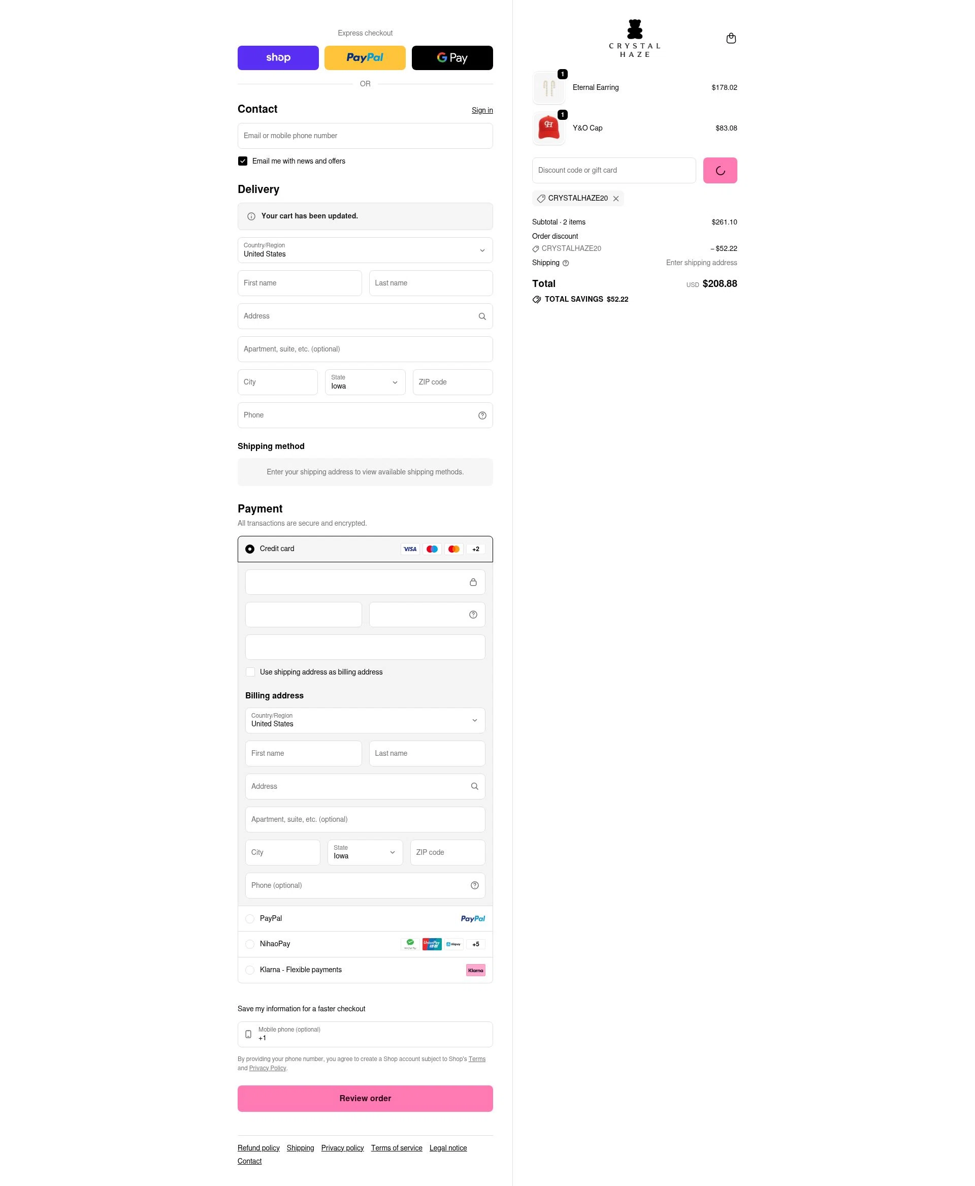 Crystal Haze Jewelry checkout page showing Crystal Haze Jewelry discount code box | Screenshot taken by SimplyCodes community member on Jan 11, 2026