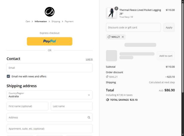 CRZ YOGA checkout page showing CRZ YOGA discount code box | Screenshot taken by SimplyCodes community member on Aug 29, 2025